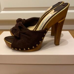 Jimmy Choo brown suede wood platform sandals (38)